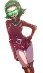  boots bryony_(pokemon) closed_mouth commentary_request female green-tinted_eyewear green_hair green_necktie hand_on_own_hip high_collar highres jacket kotobukkii_(yt_lvlv) lipstick makeup necktie pokemon pokemon_xy red_jacket red_shirt red_shorts shirt short_hair shorts side_slit side_slit_shorts solo team_flare team_flare_uniform tinted_eyewear 