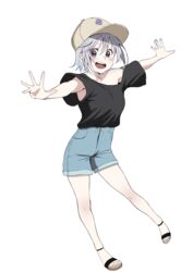  :d alternate_costume bad_id bad_pixiv_id black_shirt blush brown_headwear chris_(konosuba) collarbone commentary_request contemporary denim denim_shorts female full_body grey_background grey_eyes grey_hair highres izawa_(bhive003) kono_subarashii_sekai_ni_shukufuku_wo! looking_at_viewer outstretched_arms sandals shirt shirt_tucked_in short_hair short_sleeves shorts simple_background smile solo teeth tongue upper_teeth_only 