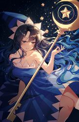  bad_id bad_pixiv_id bare_arms bare_shoulders black_hair blue_dress blue_eyes blue_hair blue_hat collarbone commentary cookie_run crescent dress female floating floating_hair floating_object gradient_hair half-closed_eyes hand_up hat highres humanization light_trail long_hair moonlight_cookie multicolored_hair solo sparkle staff star_(sky) star_(symbol) star_trail strapless strapless_dress symbol-only_commentary ttosom two-tone_hair very_long_hair wavy_hair 