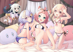  4girls absurdres ahoge animal_ear_fluff animal_ears arm_up armpits ass asymmetrical_legwear bandaged_leg bandages barefoot bed bell bikini blonde_hair blue_eyes blue_scarf boots braid breasts cat_ears cat_girl cat_tail choker commentary diona_(genshin_impact) feet floating frilled_bikini frills genshin_impact green_eyes hair_ornament hairclip halo highres holding_hands jingle_bell klee_(genshin_impact) kneeling legs long_braid long_hair low_twintails lr_(last_remote_514) multiple_girls ofuda open_mouth paimon_(genshin_impact) pillow pink_eyes ponytail purple_eyes purple_hair qiqi_(genshin_impact) ribbon romper scarf short_hair side_ponytail single_thighhigh sitting small_breasts smile soles striped_bikini striped_clothes stuffed_toy swimsuit symbol-only_commentary tail thighhighs thighs toes topknot twintails waving white_footwear white_hair white_legwear white_romper 