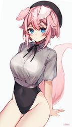  absurdres animal_ears arm_support artist_name blue_eyes breasts commentary covered_navel cowboy_shot dog_ears dog_girl dog_tail english_commentary female hair_between_eyes highres leotard looking_at_viewer medium_breasts pink_hair short_hair short_sleeves simple_background solo tail twitter_username virtual_youtuber vyugen watermark white_background yuniiho yuniiho_(vtuber) 