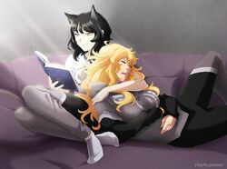  2girls animal_ear_fluff animal_ears ankle_socks black_hair blake_belladonna blonde_hair book breasts cat_ears closed_eyes commentary couch english_commentary fingernails highres large_breasts light_rays light_smile long_fingernails long_hair lying multiple_girls on_back prosthesis prosthetic_arm reading rwby sitting sleeping socks yang_xiao_long yaya_(y8ay8a) yellow_eyes yuri 