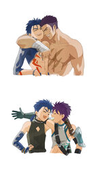  ^_^ abs absurdres aged_down arm_around_shoulder bad_id bad_pixiv_id bandages biceps blue_hair bodypaint bracelet closed_eyes collarbone cu_chulainn_(fate) cu_chulainn_(fate/stay_night) cu_chulainn_(second_ascension)_(fate) detached_sleeves earrings fate/grand_order fate_(series) fergus_mac_roich_(fate) fergus_mac_roich_(young)_(fate) gloves grin hand_on_own_hip highres jewelry male_focus multiple_boys multiple_views muscular muscular_male navel pectorals ponytail purple_hair scar scar_on_chest setanta_(fate) shirt shitakawa simple_background skin_tight sleeveless sleeveless_shirt smile spiked_hair 