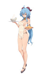  absurdres ahoge apron bare_legs bare_shoulders bell black-framed_eyewear black_footwear black_panties blue_hair bowl breasts cleavage closed_mouth collarbone commentary covered_nipples female food full_body ganyu_(genshin_impact) genshin_impact glasses goat_horns highres holding horns long_hair looking_at_viewer medium_breasts panties ponytail purple_eyes rou_(rou22) semi-rimless_eyewear shoes side-tie_panties simple_background smile solo standing tray underwear very_long_hair white_background 