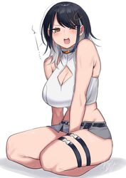  absurdres bare_shoulders black_hair blush breasts cleavage cleavage_cutout clothing_cutout colored_inner_hair crop_top female grey_hair grey_skirt hair_ornament hairclip highres indie_virtual_youtuber large_breasts looking_at_viewer medium_hair miniskirt multicolored_hair open_mouth orange_eyes seiza shirasu_(mashiro_(rikuya)) shirasu_uni shirt sitting skirt sleeveless sleeveless_shirt solo thigh_strap virtual_youtuber white_shirt 