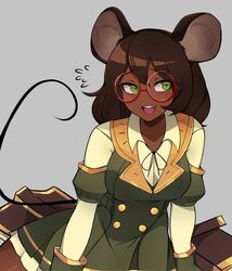  animal_ears borrowed_character breasts brown_hair buttons collarbone dark-skinned_female dark_skin female flying_sweatdrops glasses gloves green_eyes grey_background highres large_breasts lips long_sleeves looking_at_viewer medium_hair mouse_ears mouse_girl mouse_tail oerba_yun_fang olive_(bumblesteak) original red-framed_eyewear round_eyewear rukiadaichi simple_background smile solo sweat tail teeth upper_teeth_only 