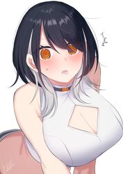  @_@ absurdres bare_shoulders black_hair blush breasts cleavage cleavage_cutout clothing_cutout colored_inner_hair crop_top female grey_hair highres indie_virtual_youtuber large_breasts looking_at_viewer medium_hair multicolored_hair open_mouth orange_eyes shirasu_(mashiro_(rikuya)) shirasu_uni shirt simple_background sleeveless sleeveless_shirt solo virtual_youtuber white_background white_shirt 