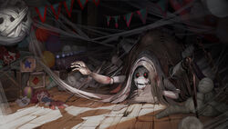  balloon bandages black_hat blood broken_mask bug circus cocoon commentary_request doll female hand_up hat highres identity_v looking_up mask monster official_art reaching reaching_towards_viewer red_eyes silk solo spider spider_web stitches top_hat unworn_mask unworn_sweater violetta_(identity_v) weapon wooden_floor 