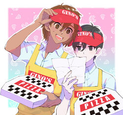  2boys apron black_eyes black_hair blue_shirt brown_eyes brown_hair collared_shirt commentary_request dark_skin dress_shirt employee_uniform food hat highres holding holding_paper kel_(faraway)_(omori) kel_(omori) male_focus multiple_boys no_pupils omori open_mouth paper pizza pizza_box red_headwear shirt short_hair smile sunny_(omori) tio_zomi uniform upper_body yellow_apron 