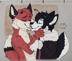  anthro black_body black_fur canid canine canis closed_eyes domestic_dog duo fox fur heart_symbol hi_res horn husky kissing male male/male mammal nordic_sled_dog piercing pink_dog red_body red_fur rivey_ravenheart spitz traditional_media_(artwork) white_body white_fur xfotzy 