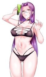  bare_shoulders bikini black_bikini blush breasts choker cleavage collarbone fate/stay_night fate_(series) female forehead glasses hair_intakes highres large_breasts len_(hand_linke) long_hair looking_at_viewer lotion lotion_bottle medusa_(fate) medusa_(rider)_(fate) multi-strapped_bikini navel parted_bangs parted_lips pouring pouring_onto_self purple_eyes purple_hair solo swimsuit thighs very_long_hair white_background 