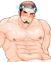  1boy abs bara bare_pectorals blush brown_hair ear_blush facial_hair goatee halo highres large_pectorals leaning_back long_sideburns looking_at_viewer male_focus mature_male multicolored_hair muscular muscular_male naked_towel navel nipples pectorals pointy_ears shiratori_yokikana short_hair sideburns snowflakes solo sparkling_eyes stomach sweat tokyo_afterschool_summoners tomte_(housamo) towel two-tone_hair upper_body wet white_background white_hair 