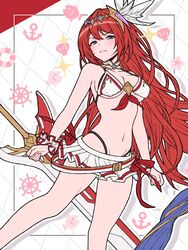  alexiel_(summer)_(granblue_fantasy) bare_shoulders bikini blue_eyes blush border breasts cleavage collarbone detached_collar dotted_line feather_hair_ornament feathers female godsworn_alexiel granblue_fantasy grid_background hair_between_eyes hair_ornament highleg highleg_bikini highres large_breasts ll_0109 long_hair looking_at_viewer miniskirt navel red_hair skirt solo swimsuit sword thighs very_long_hair weapon white_bikini white_skirt 