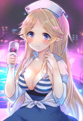  bikini bikini_top_only blonde_hair blue_eyes blue_skirt blurry blurry_background blush breasts cleavage closed_mouth commentary cross cross_earrings cup depth_of_field drinking_glass earrings elf female front-tie_top gucchiann hands_up high-waist_skirt highres holding holding_cup jewelry long_hair looking_at_viewer medium_breasts parted_bangs pointy_ears princess_connect! shirt short_sleeves sidelocks skirt smile solo striped_bikini striped_clothes swimsuit very_long_hair white_headwear white_shirt wine_glass yukari_(princess_connect!) yukari_(summer)_(princess_connect!) 