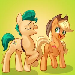  1:1 absurd_res applejack_(mlp) ass blonde_hair closed_eyes clothing cowboy_hat duo equid equine female feral freckles friendship_is_magic fur green_hair hair hasbro hat headgear headwear hexecat hi_res hitch_trailblazer_(mlp) horse male male/female mammal mlp_g5 my_little_pony orange_body orange_fur pony smile yellow_body yellow_fur 