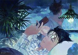  1boy bad_id bad_twitter_id bare_shoulders black_hair collared_shirt female glasses holding holding_phone kuribulb leaf long_sleeves looking_at_phone one_eye_closed original parted_lips phone plaid plaid_shirt plant rain shirt short_hair signature 