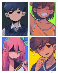  3boys ^_^ aqua_bow aqua_eyes aqua_hairband aubrey_(faraway)_(omori) aubrey_(omori) bad_id bad_pixiv_id baseball_bat black_eyes black_hair bow bow_hairband brown_hair closed_eyes commentary_request female grin hairband hairbow hero_(faraway)_(omori) hero_(omori) highres kel_(faraway)_(omori) kel_(omori) kokomi_(aniesuakkaman) long_hair multiple_boys no_pupils omocat_(style) omori orange_tank_top pink_hair short_hair smile sunny_(omori) tank_top 