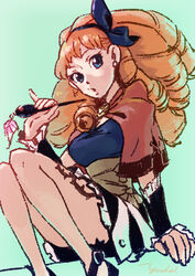  10s big_hair blue_background blue_eyes blush breasts capelet drill_hair earrings female hair_ornament hairband holding holding_wand jewelry knees_together_feet_apart leg_tattoo long_hair melie open_mouth orange_hair radiant red_capelet simple_background sitting skirt solo tattoo wand yudai_mush 