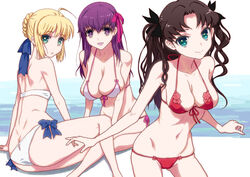  3girls :o ahoge aqua_eyes artoria_pendragon_(fate) ass bare_back bikini black_hair blonde_hair blue_eyes breasts butt_crack cleavage commentary_request fate/stay_night fate_(series) front-tie_top green_eyes hair_ribbon halterneck hirose_(mokiki) long_hair lowleg lowleg_bikini matou_sakura medium_breasts multiple_girls navel official_alternate_costume open_mouth partial_commentary purple_eyes purple_hair red_bikini ribbon saber_(fate) sitting small_breasts smile swimsuit tohsaka_rin 