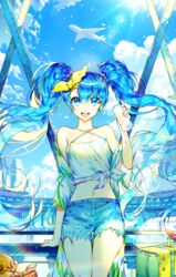  blue_eyes blue_hair blush bottle commentary_request female flower hat hatsune_miku hayanse highres holding holding_bottle long_hair looking_at_viewer navel open_mouth smile solo suitcase summer sunflower teeth twintails unworn_hat unworn_headwear vocaloid 