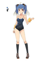  :d ahoge arzuros bare_shoulders blue_hair blue_one-piece_swimsuit blue_socks breasts brown_eyes commentary_request contrapposto earrings female gradient_hair grey_footwear hand_up inflatable_armbands jewelry looking_at_viewer medium_breasts monster_hunter_(series) multicolored_hair ohta_yuichi one-piece_swimsuit open_mouth personification shoes smile socks solo standing swimsuit twintails 