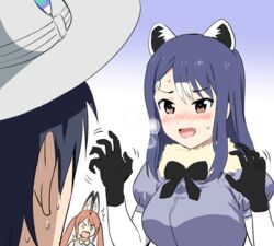  1boy 2girls ^^^ aho_girl akutsu_akuru animal_ears black_hair blue_hair blush breath brown_eyes commentary_request common_raccoon_(kemono_friends) common_raccoon_(kemono_friends)_(cosplay) cosplay fur_collar fuuki_iinchou_(aho_girl) gloves hanabatake_yoshiko hat hat_feather helmet kaban_(kemono_friends) kaban_(kemono_friends)_(cosplay) kemono_friends multicolored_hair multiple_girls mushi_gyouza o_o pith_helmet raccoon_ears serval_(kemono_friends) serval_(kemono_friends)_(cosplay) square_mouth sweat twintails two-tone_hair white_hair 