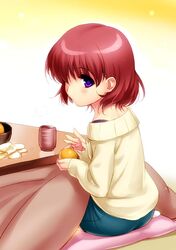  amano_mishio blush bowl casual commentary_request cup female food fruit holding kanon kotatsu long_sleeves looking_at_viewer looking_back mandarin_orange orange_peel purple_eyes red_hair short_hair solo sweater table yunomi zen_(kamuro) 