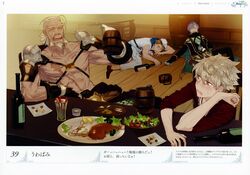  4boys absurdres angriff_dahlmann armor atelier_(series) atelier_firis beard blonde_hair boots closed_eyes coin drink drunk facial_hair game_cg gloves highres kai_holthaus logix_ficsario money moustache multiple_boys noco_(adamas) official_art open_mouth ponytail revy_berger scan scar short_hair topless_male yellow_eyes 