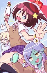  1boy 2girls ? alien alpha_omega_nova blonde_hair blue_eyes brown_hair cellphone colored_skin commentary energy_gun english_commentary green_skin hair_ornament highres light_purple_hair luluco lyn_(shunao) midori_(uchuu_patrol_luluco) multiple_girls one_side_up phone ray_gun rotating_light school_uniform selfie short_hair taking_picture thighhighs uchuu_patrol_luluco v weapon zettai_ryouiki 