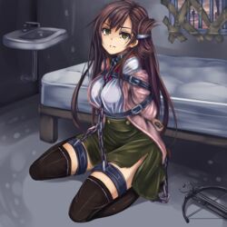  arms_behind_back black_thighhighs bondage bondage bound bound_arms box_tie breasts brown_hair chained chains commentary_request crossbow female folded_hair frown gakkou_gurashi! green_skirt jacket long_hair looking_at_viewer medium_breasts mole mole_under_eye monikano off_shoulder on_floor prison_cell restrained shirt skirt solo thighhighs wakasa_yuuri weapon yellow_eyes 