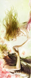  1boy aerith_gainsborough blonde_hair blue_eyes bow braid breasts brown_hair cloud_strife commentary_request couple dress female final_fantasy final_fantasy_vii final_fantasy_vii_advent_children flower green_eyes highres jewelry long_dress long_hair medium_breasts pink_bow pink_dress short_hair spiked_hair straight tetra_takamine 