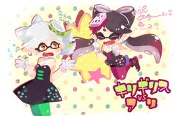  +_+ 2girls black_dress black_hair callie_(splatoon) closed_eyes commentary_request detached_collar dress earrings flying_sweatdrops food food_on_head gloves green_legwear hair_rings inkling jewelry long_hair marie_(splatoon) mizoreame mole mole_under_eye multiple_girls object_on_head oerba_yun_fang open_mouth orange_eyes pantyhose pointy_ears purple_legwear short_hair short_jumpsuit splatoon_(series) splatoon_1 star_(symbol) sushi symbol-shaped_pupils tears translation_request unitard white_hair 