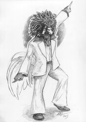  1970s 2013 anthro avian beak bell_bottoms biped bird bottomwear chicken clothed clothing dancing disco feather_tuft feathers fluffy footwear front_view full-length_portrait fully_clothed galliform gallus_(genus) gesture graphite_(artwork) greyscale half-closed_eyes hand_gesture hatching_(art) humanoid_hands ironfeathers jacket leisure_suit line_art looking_at_viewer male monochrome multicolored_body multicolored_feathers narrowed_eyes open_clothing open_jacket open_topwear outer_highlight outline pants pencil_(artwork) phasianid plantigrade pointing pointing_down pointing_up polish_chicken portrait pose raised_heel shaded shoes signature simple_background smile solo standing suit tail tail_feathers topwear traditional_media_(artwork) tuft two_tone_body two_tone_feathers white_background 