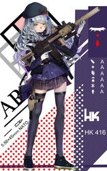  assault_rifle beret black_hat black_thighhighs blunt_bangs commentary facial_mark female full_body girls&#039;_frontline gloves green_eyes grey_hair gun h&amp;k_hk416 hair_ornament hat heckler_&amp;_koch highres hk416_(girls&#039;_frontline) holding holding_gun holding_weapon jacket long_hair pirapirapirapira plaid plaid_skirt polka_dot rifle shoes skirt sneakers solo standing striped striped_background suppressor thigh_strap thighhighs title weapon white_gloves white_hair zettai_ryouiki 