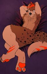  2018 anthro digital_media_(artwork) hi_res hyena looking_at_viewer male mammal nude paws pinup pose simple_background smile solo spotted_hyena tail yeenr 