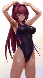  adjusting_hair alternate_costume armpits arms_up black_one-piece_swimsuit breasts breasts_apart clenched_teeth commentary_request competition_swimsuit covered_navel cowboy_shot fate/grand_order fate_(series) female gradient_background hair_intakes hair_tie hair_tie_in_mouth highres hip_focus impossible_clothes impossible_swimsuit jirusu large_breasts legs_apart long_hair looking_at_viewer mouth_hold one-piece_swimsuit parted_lips purple_hair red_eyes scathach_(fate) shade shiny_clothes skin_tight solo standing swimsuit teeth thighs tying_hair very_long_hair wet wet_clothes wet_swimsuit 