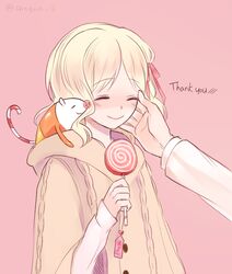  1boy blonde_hair blush candy cane cape character_request closed_eyes creature diabolik_lovers english female flat_chest hand_on_another&#039;s_face happy heart komori_yui manmosu out_of_frame pink_background sakamaki_shuu simple_background smile solo solo_focus text twitter_username upper_body 