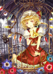  anemone_(flower) ascot bad_id bad_pixiv_id barefoot birdcage blonde_hair cage color_ink_(medium) female finger_to_own_chin flandre_scarlet flower hat hat_ribbon head_tilt keiko_(mitakarawa) kneeling laevatein_(touhou) looking_at_viewer mob_cap painting_(medium) parted_lips puffy_short_sleeves puffy_sleeves red_eyes ribbon short_hair short_sleeves side_ponytail skirt skirt_set solo touhou traditional_media window wings wrist_cuffs 