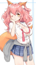  absurdres alternate_costume alternate_hairstyle animal_ear_fluff animal_ears breasts casual cleavage collarbone commentary_request fate/extella fate/extra fate_(series) female fox_ears fox_tail highres large_breasts looking_at_viewer necktie official_alternate_costume one_eye_closed open_mouth pink_hair school_uniform skirt solo tail tamamo_(fate) tamamo_no_mae_(fate/extra) tamamo_no_mae_(jk)_(fate) umishima_rinta yellow_eyes 