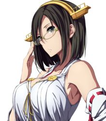  adjusting_eyewear armpits bare_arms black_hair blue_eyes breasts commentary_request detached_sleeves female glasses hairband highres kantai_collection kirishima_(kancolle) large_breasts nagioka profile short_hair solo white_background 