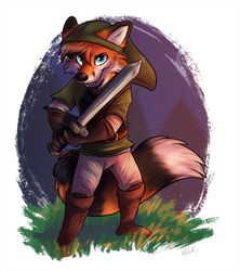  2015 anthro canid canine clothed clothing fox fully_clothed hi_res holding_melee_weapon holding_object holding_sword holding_weapon male mammal melee_weapon solo sword waywardmutt weapon 