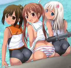  3girls ass back bare_shoulders blonde_hair blue_eyes blush brown_eyes brown_hair clothes_lift commentary_request crop_top dress dress_lift flower from_behind hair_flower hair_ornament hair_ribbon hat i-401_(kancolle) kantai_collection libeccio_(kancolle) long_hair looking_at_viewer looking_back multiple_girls nijimoto_hirok one-piece_swimsuit open_mouth panties ponytail ribbon ro-500_(kancolle) sailor_collar sailor_dress school_swimsuit short_hair short_ponytail sitting sleeveless smile striped_clothes striped_panties swimsuit swimsuit_under_clothes tan tanlines torpedo twintails underwear 