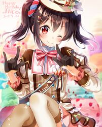  ;) \m/ artist_name black_gloves black_hair blurry blurry_background blush brooch brown_thighhighs commentary_request dated double_\m/ female food frilled_sleeves frills gloves hair_ornament hairpin half_gloves happy_birthday ice_cream jewelry long_sleeves looking_at_viewer love_live! love_live!_school_idol_project neck_ribbon nonono_(nononotea) one_eye_closed red_eyes ribbon sash skirt smile solo spoon_hair_ornament striped striped_ribbon thighhighs twintails yazawa_nico 