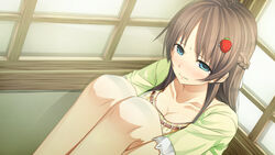  blue_eyes blush braid breasts brown_hair cleavage collarbone cura female game_cg hair_ornament highres hugging_own_legs long_hair looking_at_viewer medium_breasts monobeno parted_bangs sawai_natsuha solo tears 