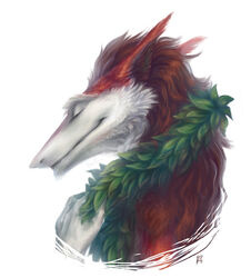  ambiguous_gender bust_portrait closed_eyes faellin fur leaf portrait red_body red_fur sergal simple_background smile solo white_background 