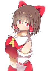  akabeco belly blush bow breasts brown_hair cleavage closed_mouth collarbone commentary_request cookie_(touhou) detached_sleeves female hair_tubes hairbow hakurei_reimu highres large_breasts looking_at_viewer navel plump red_bow red_eyes reu_(cookie) smile solo touhou 