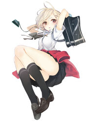  arms_up bag black_socks blonde_hair blush bow brown_eyes character_request clothes_around_waist commentary_request female full_body hair_ornament hairclip kojiki-life loafers long_legs looking_at_viewer original partial_commentary revision school_bag shoes short_hair short_sleeves simple_background skirt socks solo sweater sweater_around_waist white_background 