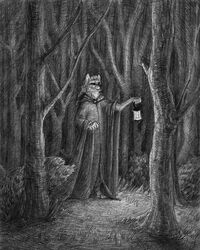  ambiguous_gender anthro canid canine canis clothing digitigrade faellin forest greyscale hair lamp lantern mammal monochrome plant robe solo tree wolf 