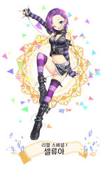  black_footwear blue_eyes blush boots breasts character_request cleavage commentary_request cyphers elbow_gloves female fingerless_gloves full_body gloves highres jewelry knee_boots large_breasts navel one_eye_closed open_mouth purple_gloves purple_hair purple_thighhighs ring short_hair smile solo striped_clothes striped_thighhighs tempy_(rinsia) thighhighs 