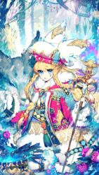  animal blonde_hair blue_eyes blush braid commentary_request dream_catcher female gloves hayanse highres holding holding_staff long_hair looking_at_viewer original parted_lips solo staff white_gloves winter wolf 